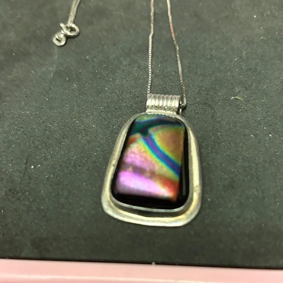 Vintage Sterling Silver Dichroic Iridescent Pendant with 925 Silver Chain - Picture 2 of 9
